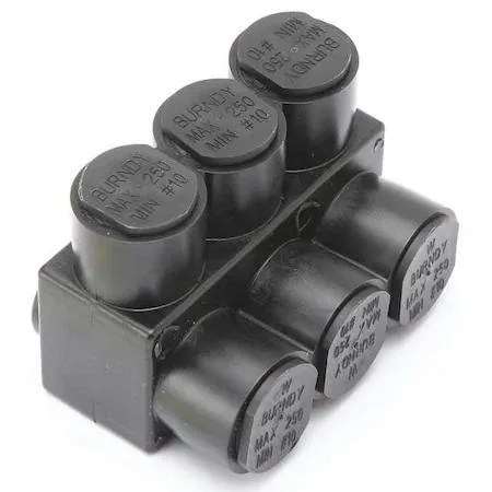 Black aluminium three-port multitap connector with hex heads
