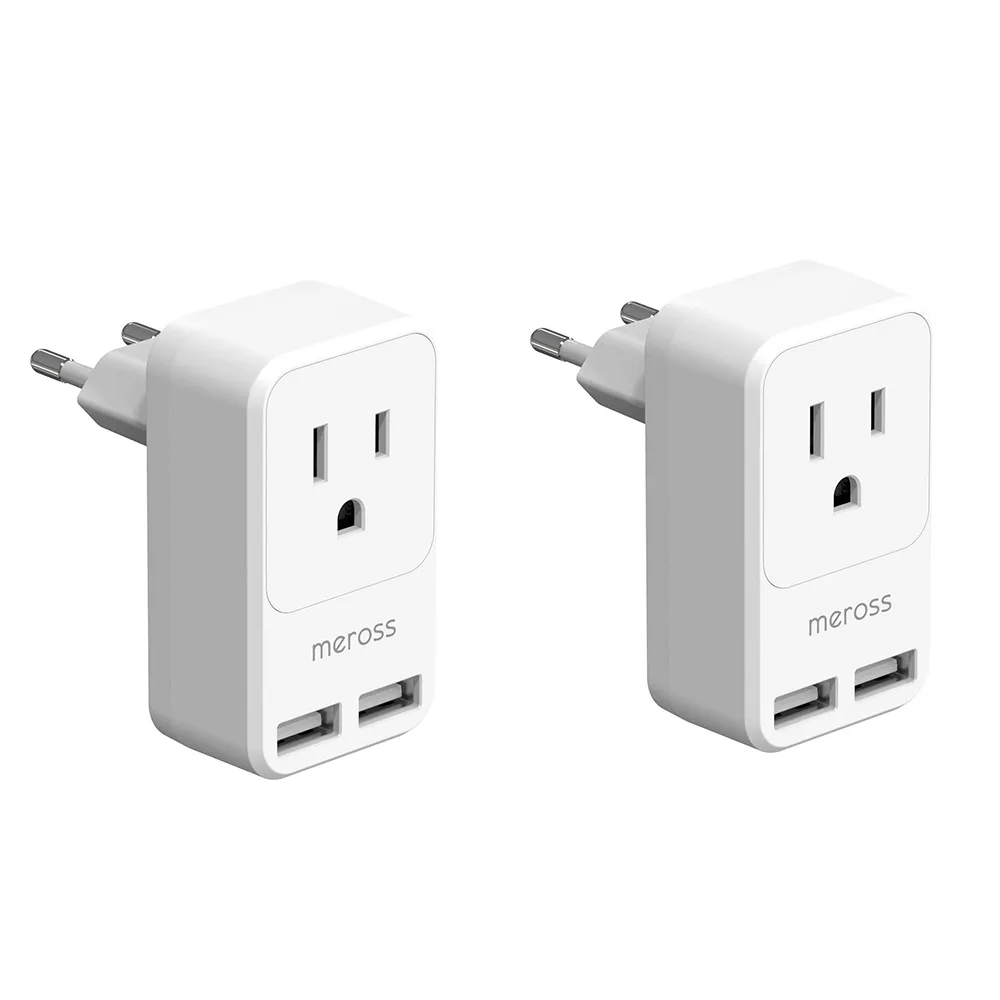 Two white travel adapters with Type C plug, one AC outlet and two USB ports