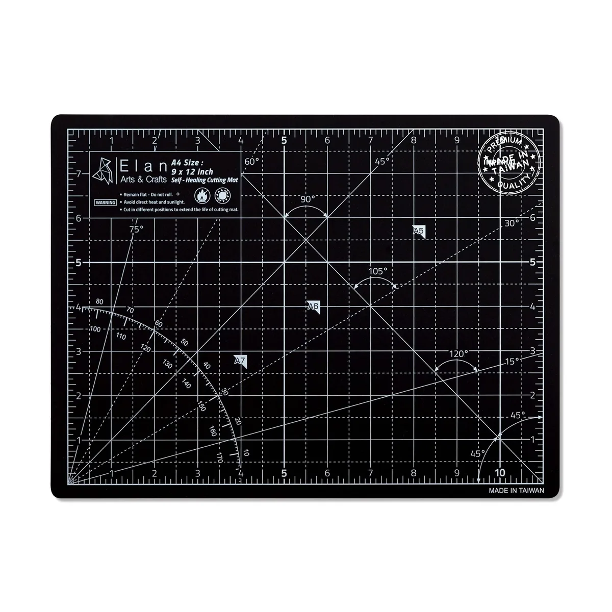 Rectangular A4 self-healing cutting mat, black on one side, taupe on the other, with printed imperial grid