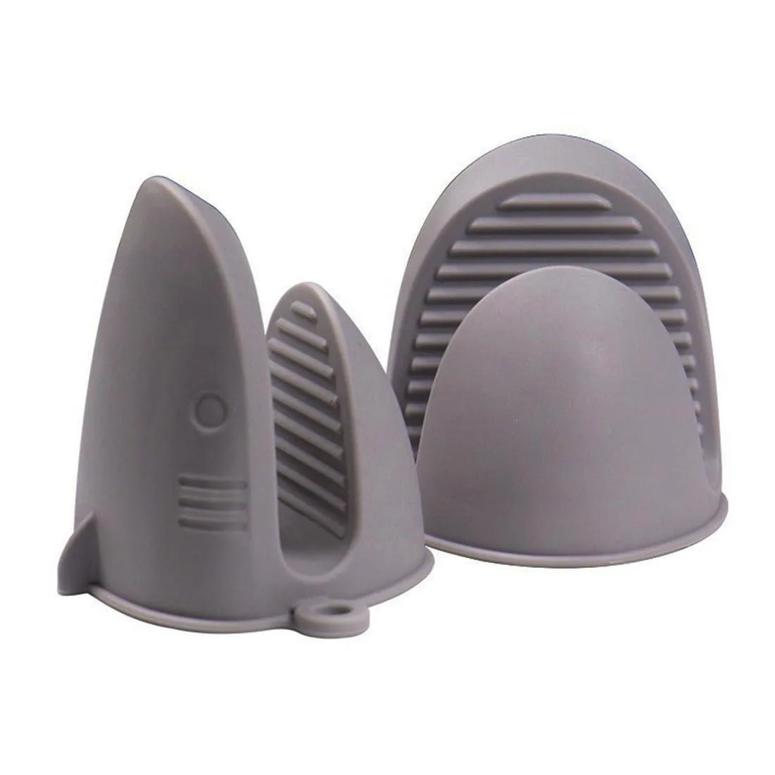 Pair of grey silicone oven mitts, textured grip, finger coverage only