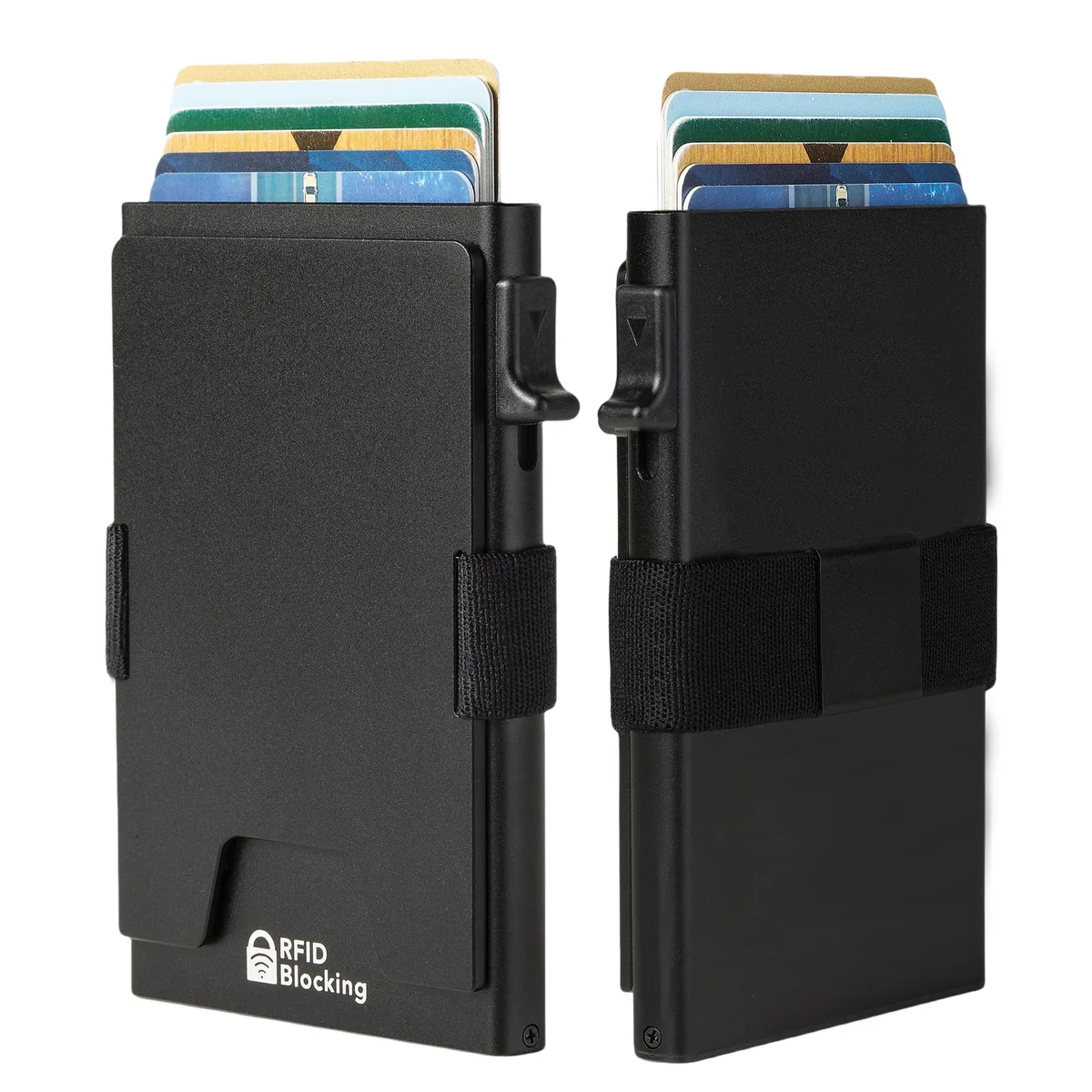 GOLRIDI Minimalist Wallet Black Aluminum 12+ Cards Pop-Up RFID Cash Strap — product photo