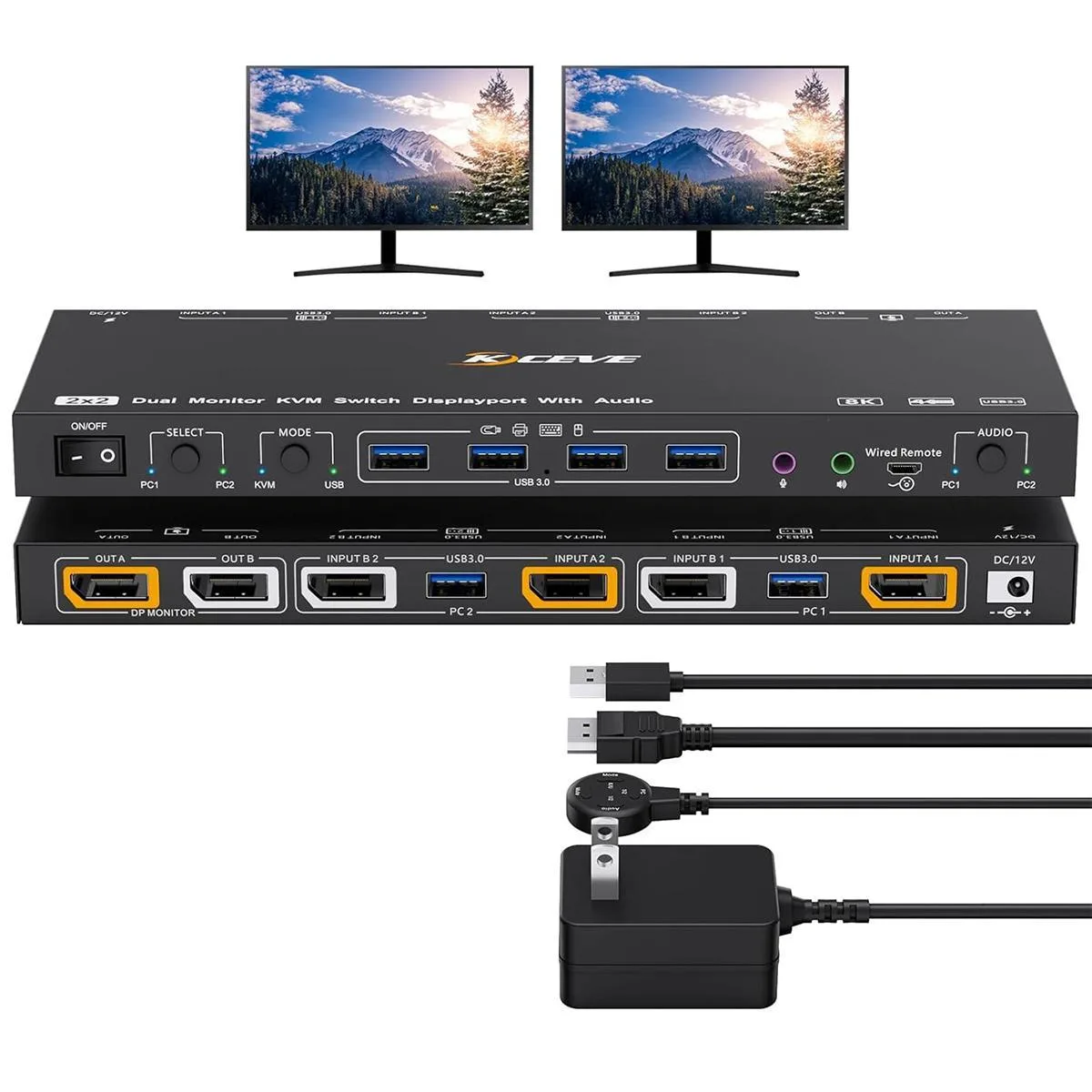 WRIARICH WRIARICH KVM202DPU KVM switch 2 computers 2 monitors DP 1.4 8K 30Hz 4K 144Hz USB 3.0 audio remote — product photo
