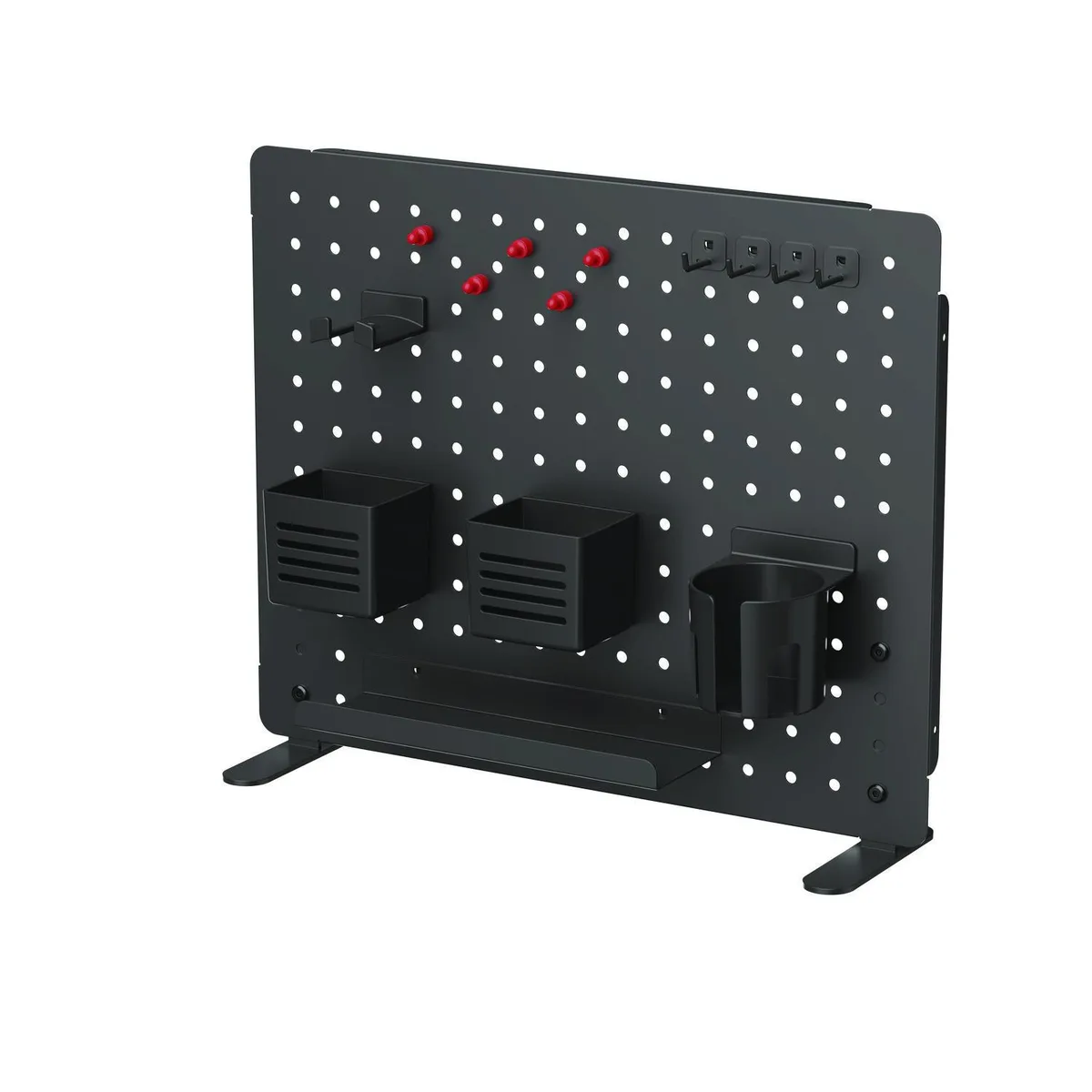 Black steel pegboard desktop organizer with three compartments