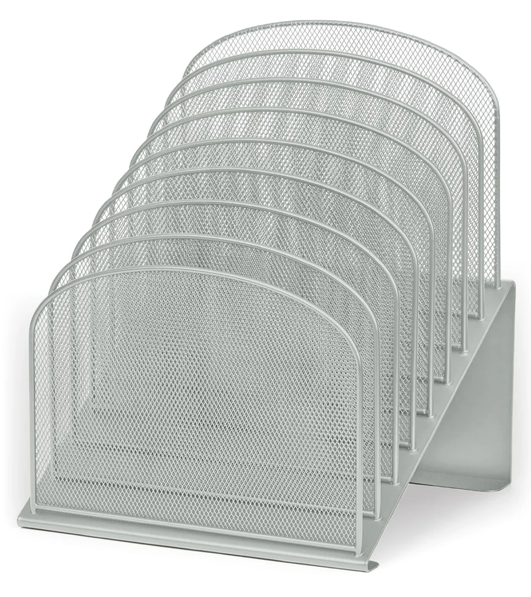 Silver powder-coated steel mesh desktop organizer with eight vertical tiers