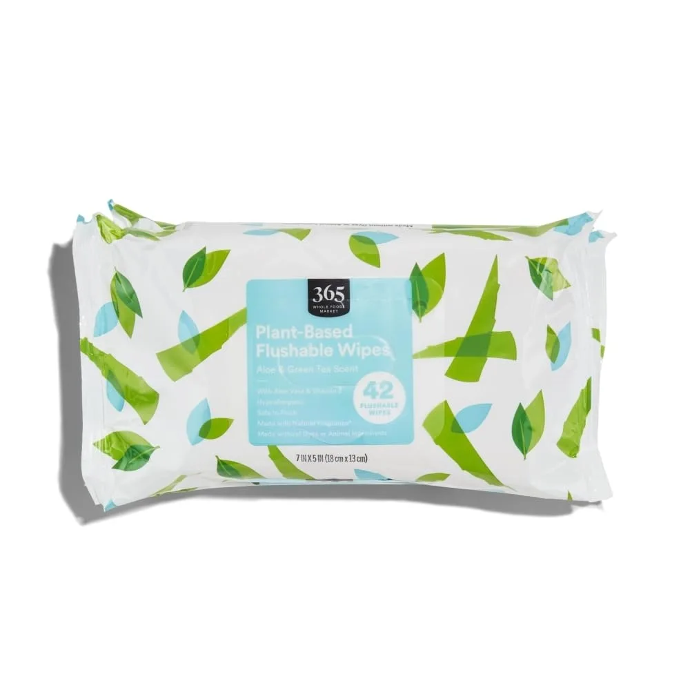 365 by Whole Foods Market Plant-Based Flushable Wipes Aloe Green Tea Scent 42 Count Pack of 3 126 Total — product photo
