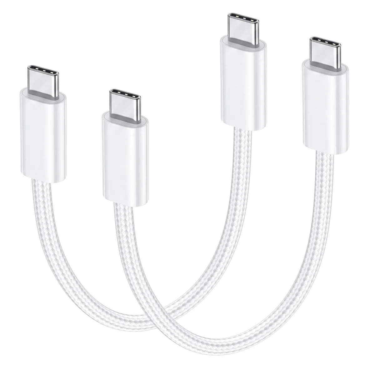 Two short white braided USB-C cables with male connectors