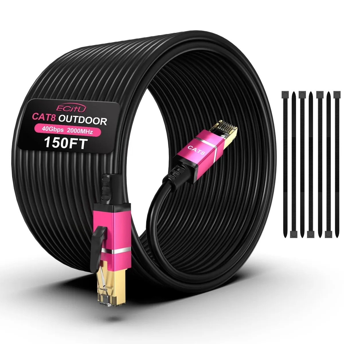 ARENTI ARENTI Cat8 Outdoor Ethernet Cable 150FT 26AWG 40Gbps 2000MHz 25 Ties 2 in 1 Accessory — product photo