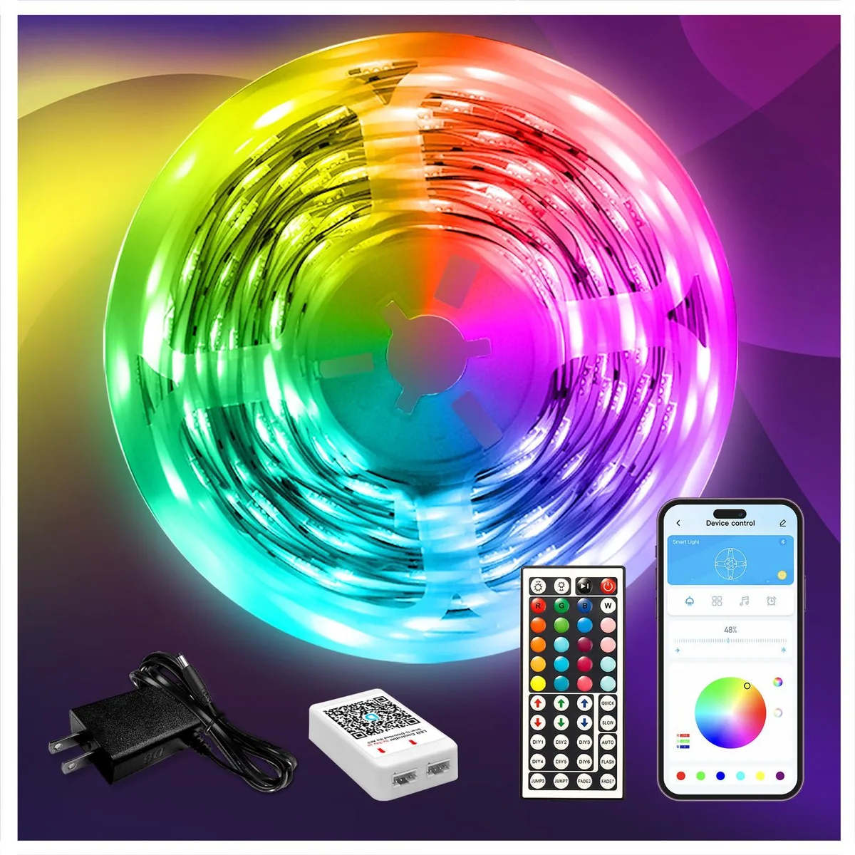 A rolled 110ft multicolour LED strip with adhesive backing and a controller box