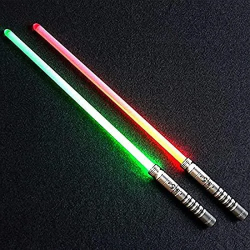 Two silver metal-hilt lightsabers with illuminated blades and a connector