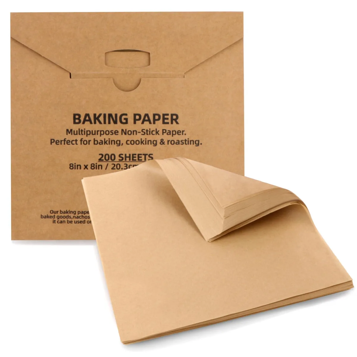 Stack of 200 square brown parchment sheets, 8 by 8 inches, flat and unbleached