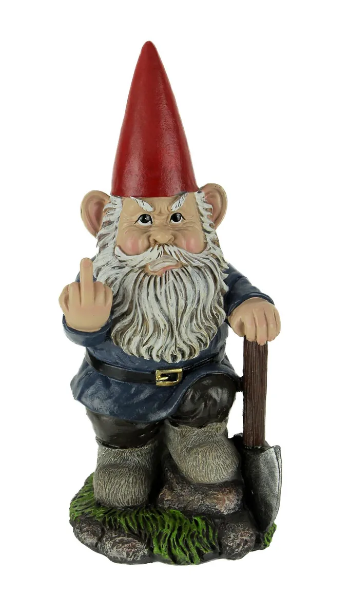 Resin garden gnome statue, blue shirt, red hat, grey beard, flipping middle finger, 8.75 inches high