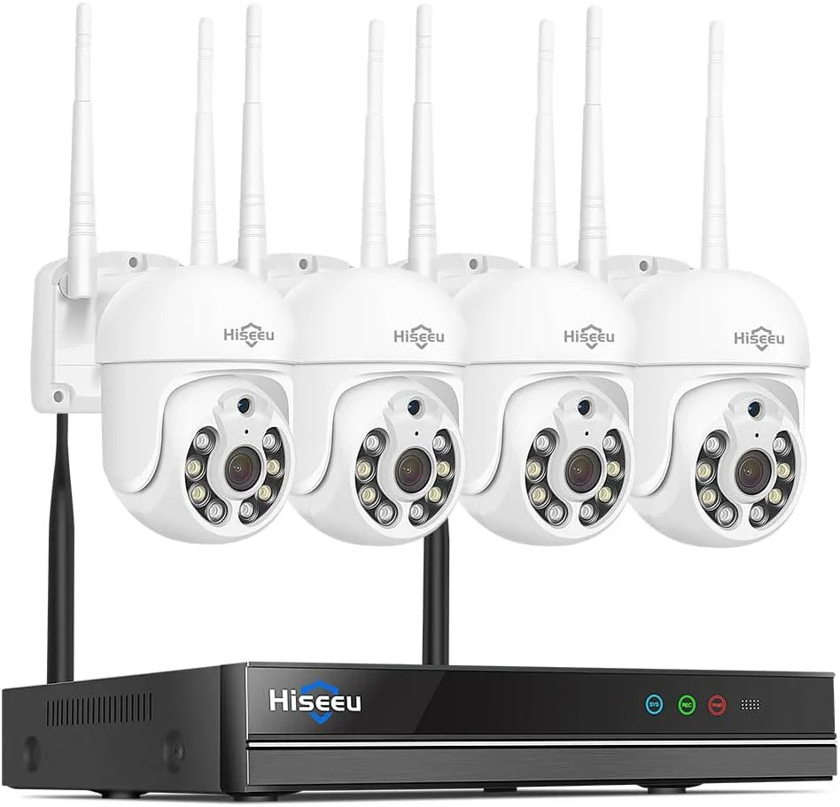 Four white PTZ dome cameras and a black NVR unit with 1TB HDD