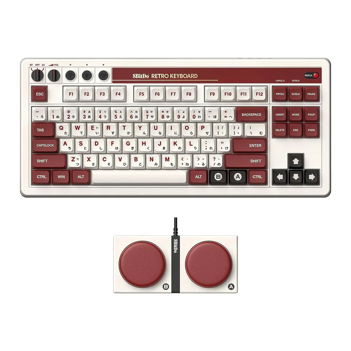 Red 87-key mechanical keyboard with white switches and separate programmable button module