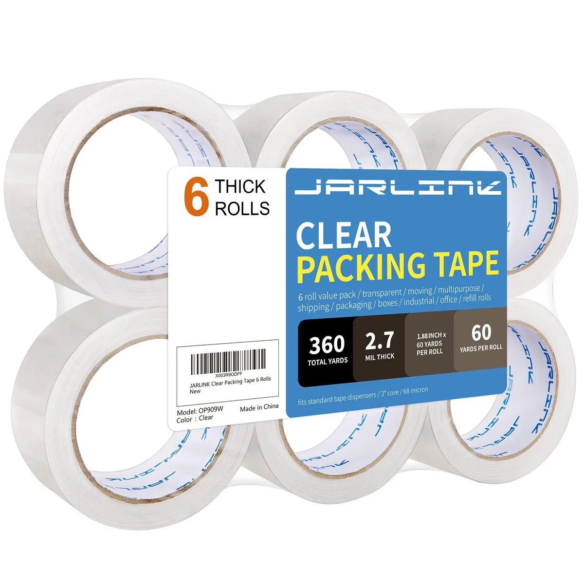 JARLINK OP927W Clear Packing Tape 6 Rolls 1.88in 60yd 2.7mil — product photo