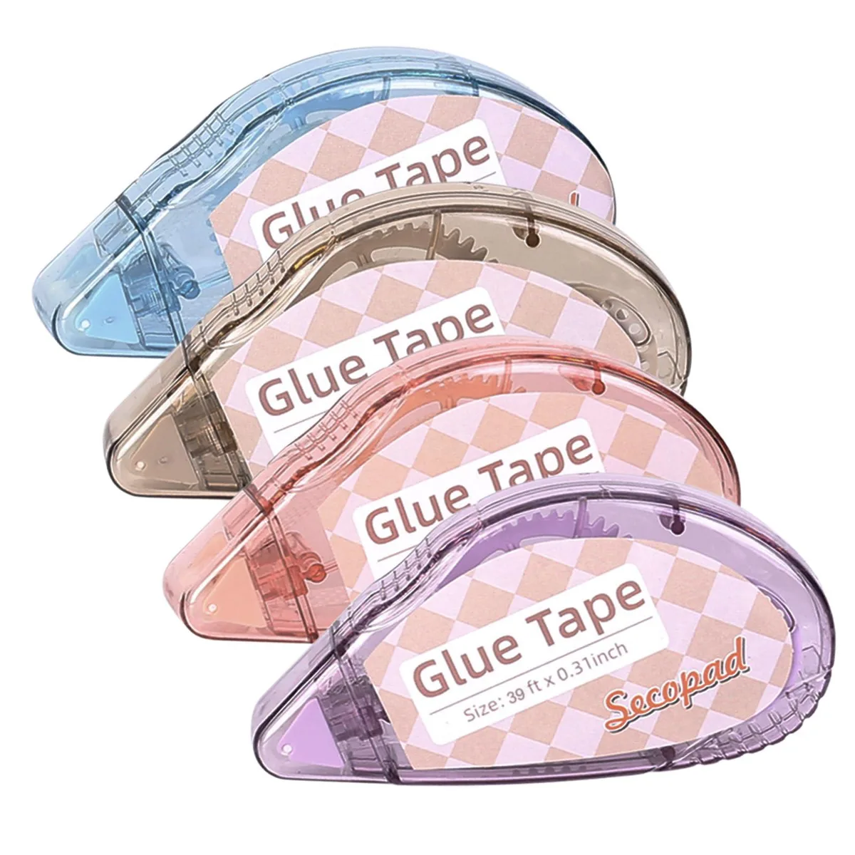 Four light-colour plastic glue-tape rollers, .3 in wide, 39 ft each