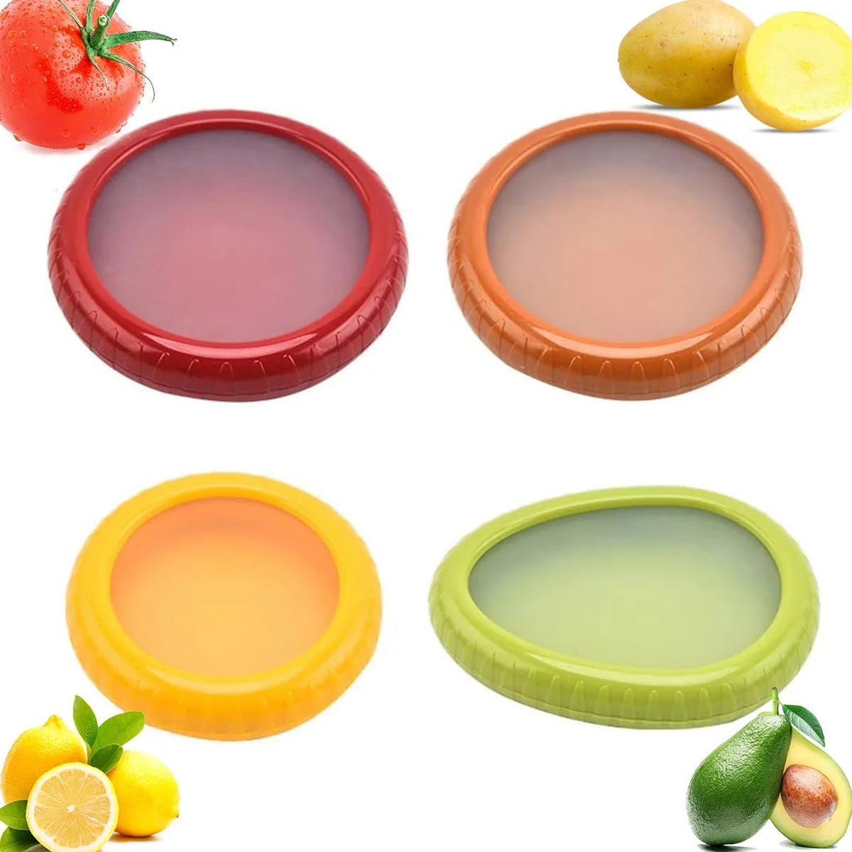 Set of four brown silicone fruit containers, three round and one oval, with matching lids