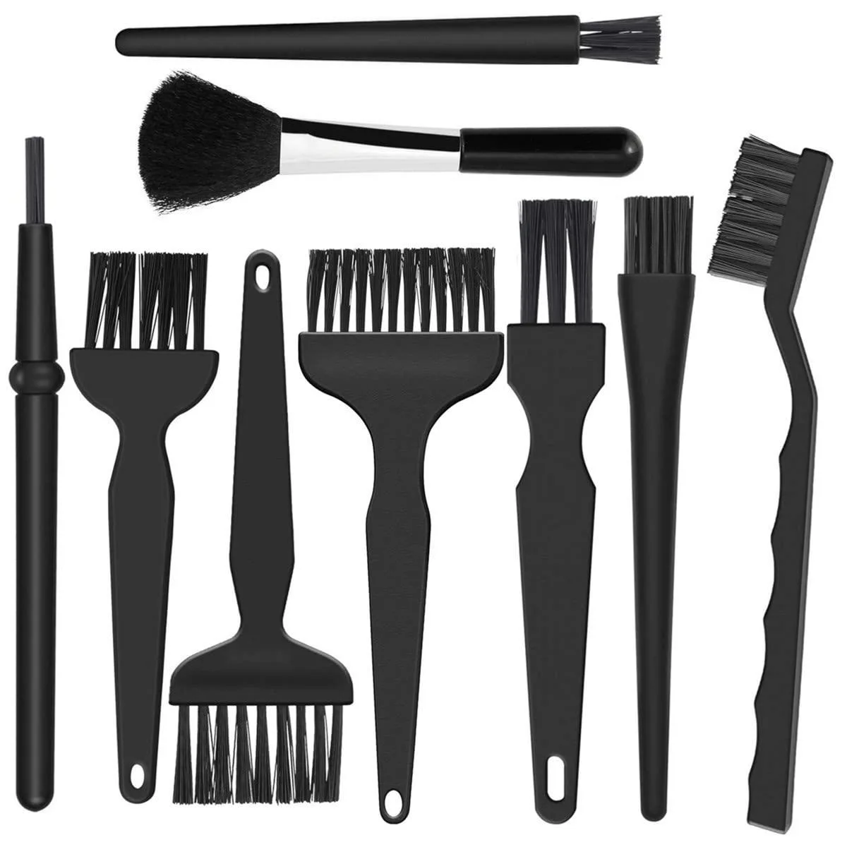 Set of nine anti-static nylon brushes with plastic handles in a compact kit
