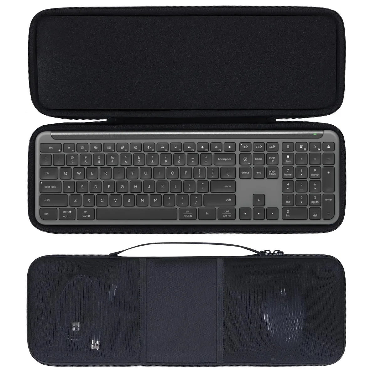 Grey hard-shell case with zip, shaped for slim keyboard and mouse