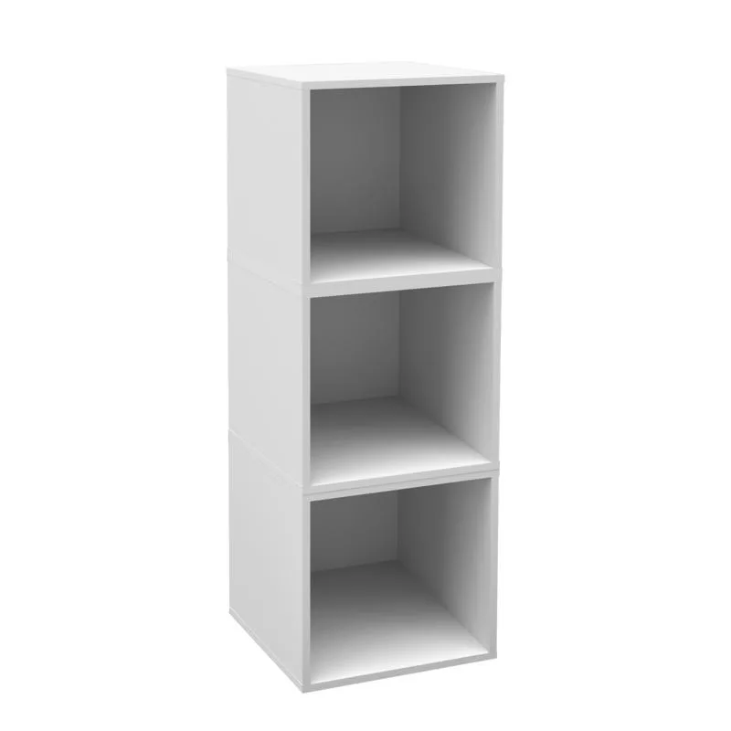 Three white wooden storage cubes, stackable design