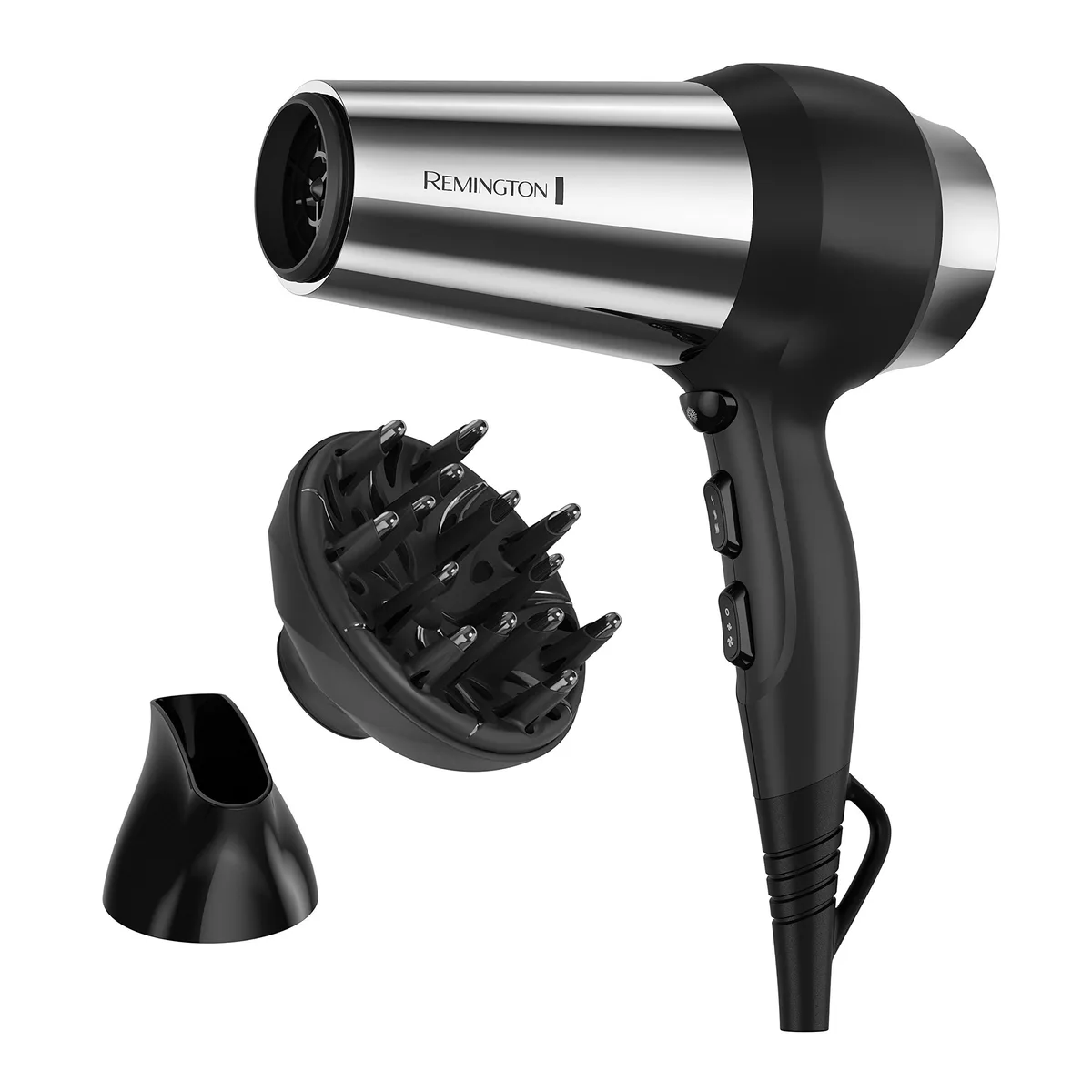 Black impact-resistant hair dryer with soft-touch rubber wrap, concentrator and diffuser attachments