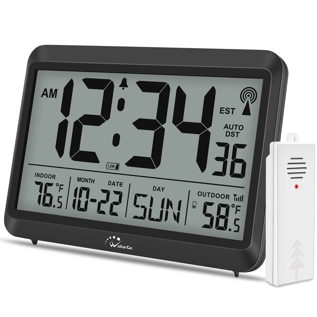 WallarGe atomic clock, 8.5 inch carbon black digital display with wireless outdoor sensor