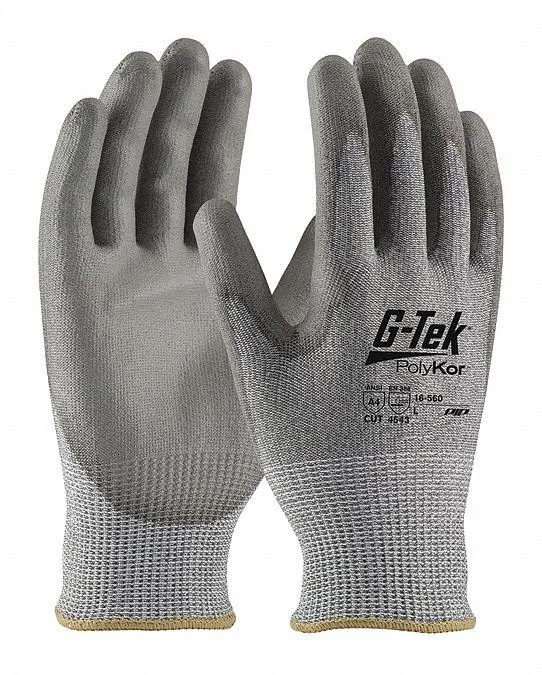 Pair of grey knit gloves with black polyurethane palm coating