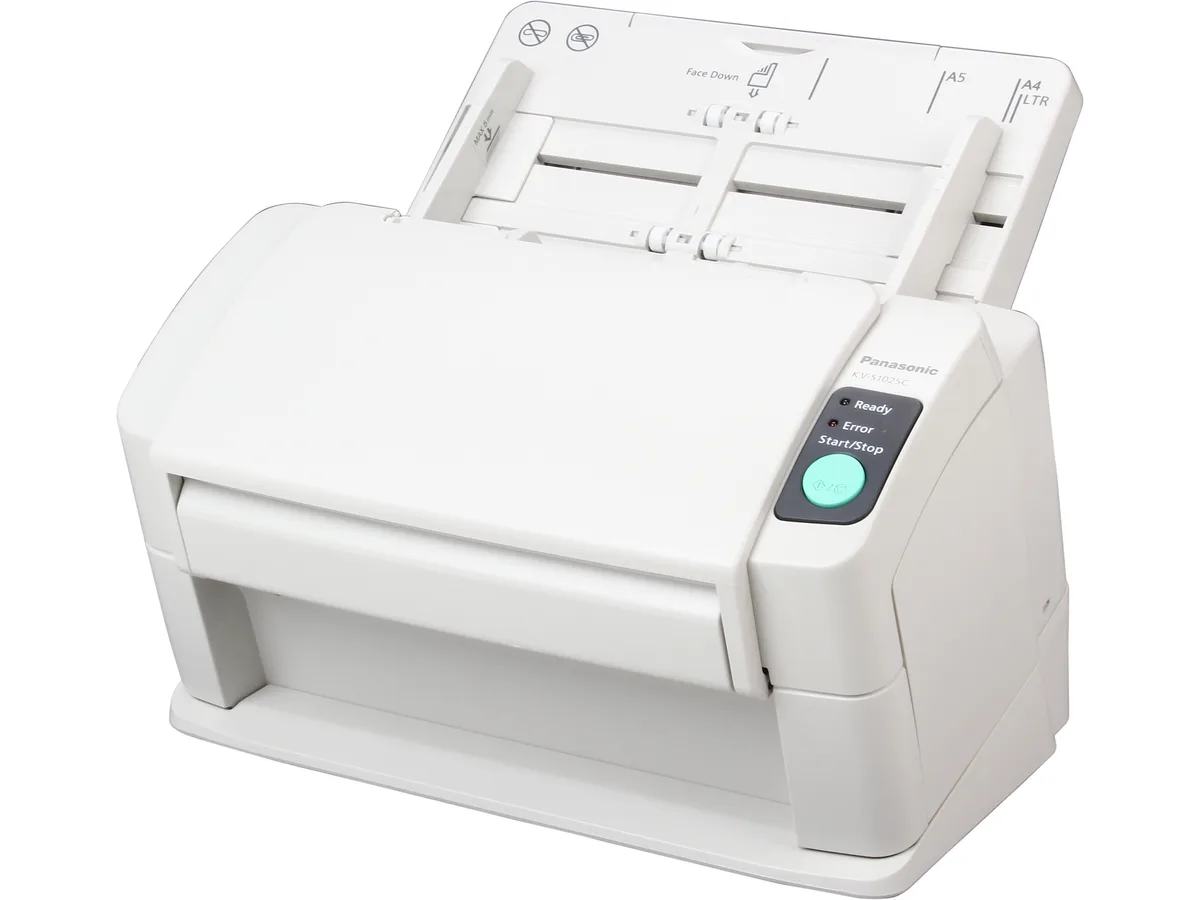 Rectangular white document scanner with automatic document feeder on top