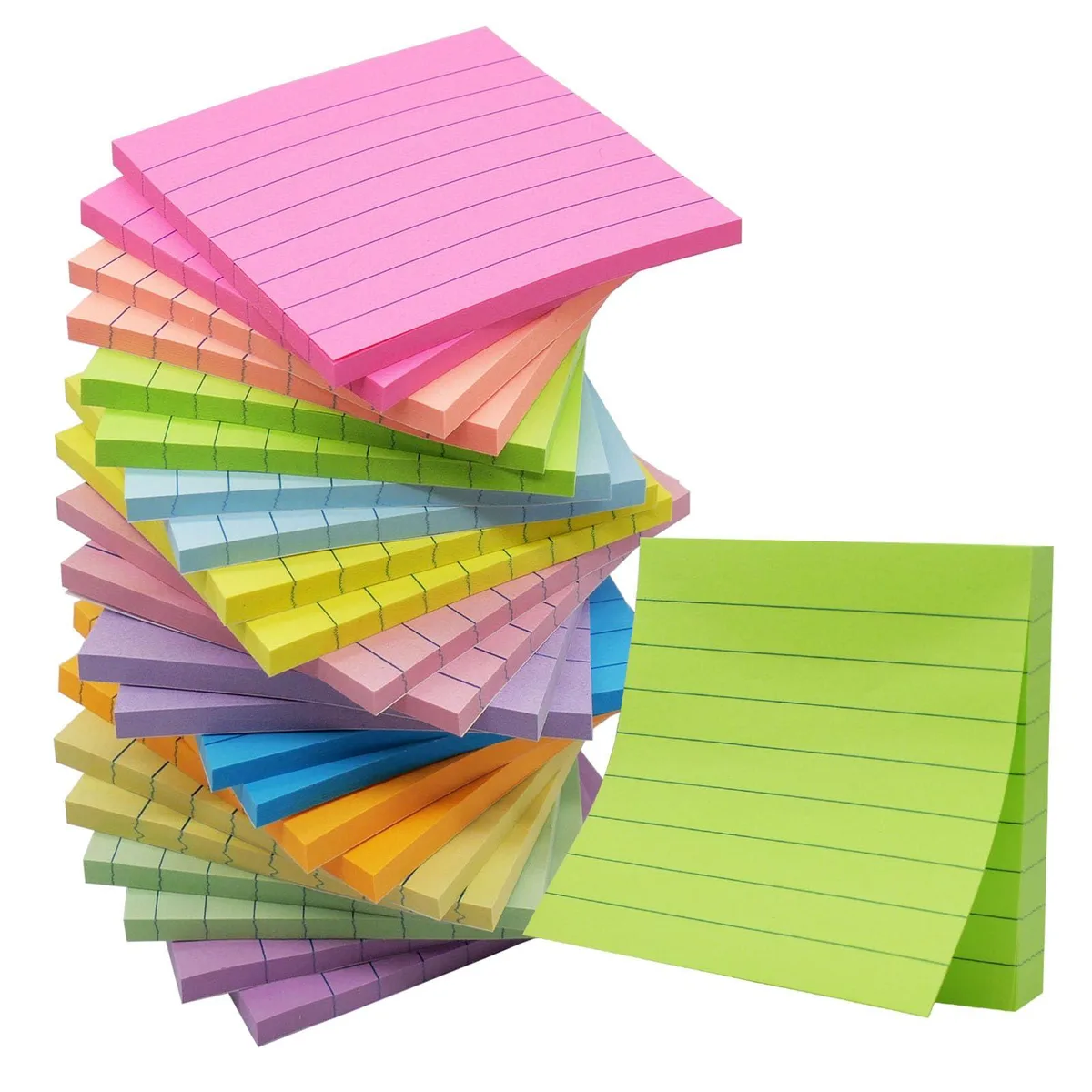 Square stack of 24 lined sticky-note pads in 12 bright colours