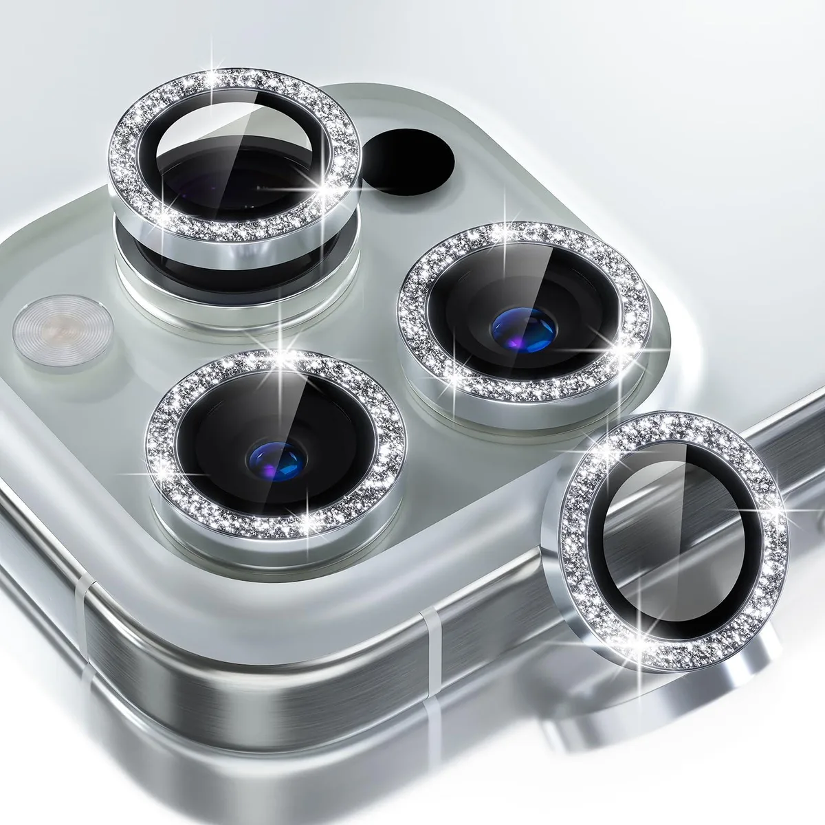 Glitter-silver camera lens protectors with metal rings and rhinestones for iPhone 16 Pro and Pro Max