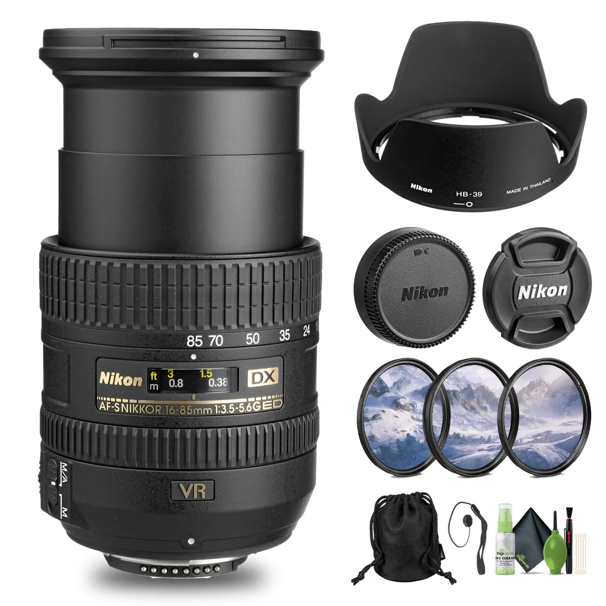 Nikon Inc Nikon AF-S DX NIKKOR 16-85mm f/3.5-5.6G ED VR Lens + Filter Kit + Cap Keeper + Cleaning Kit camera lens — product photo