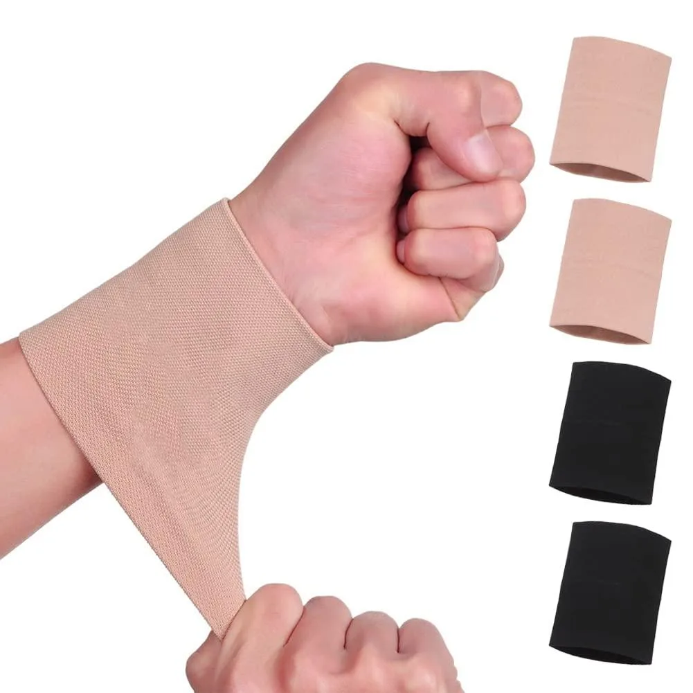Four wrist compression sleeves in black and beige, size S, elastic fabric laid flat