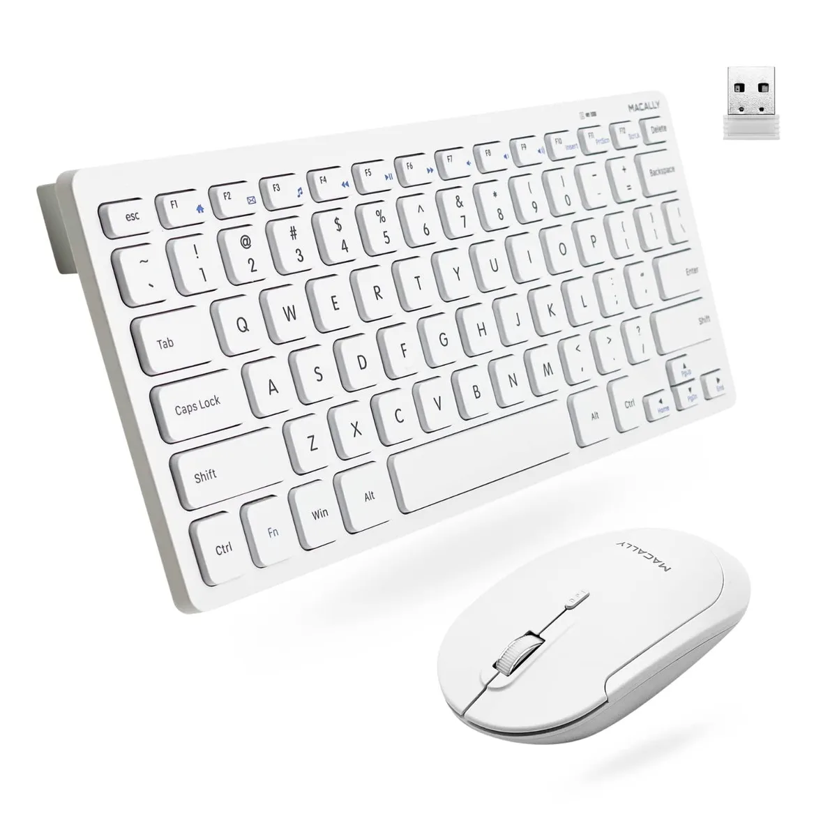 White compact 78-key keyboard and matching mouse with single USB dongle