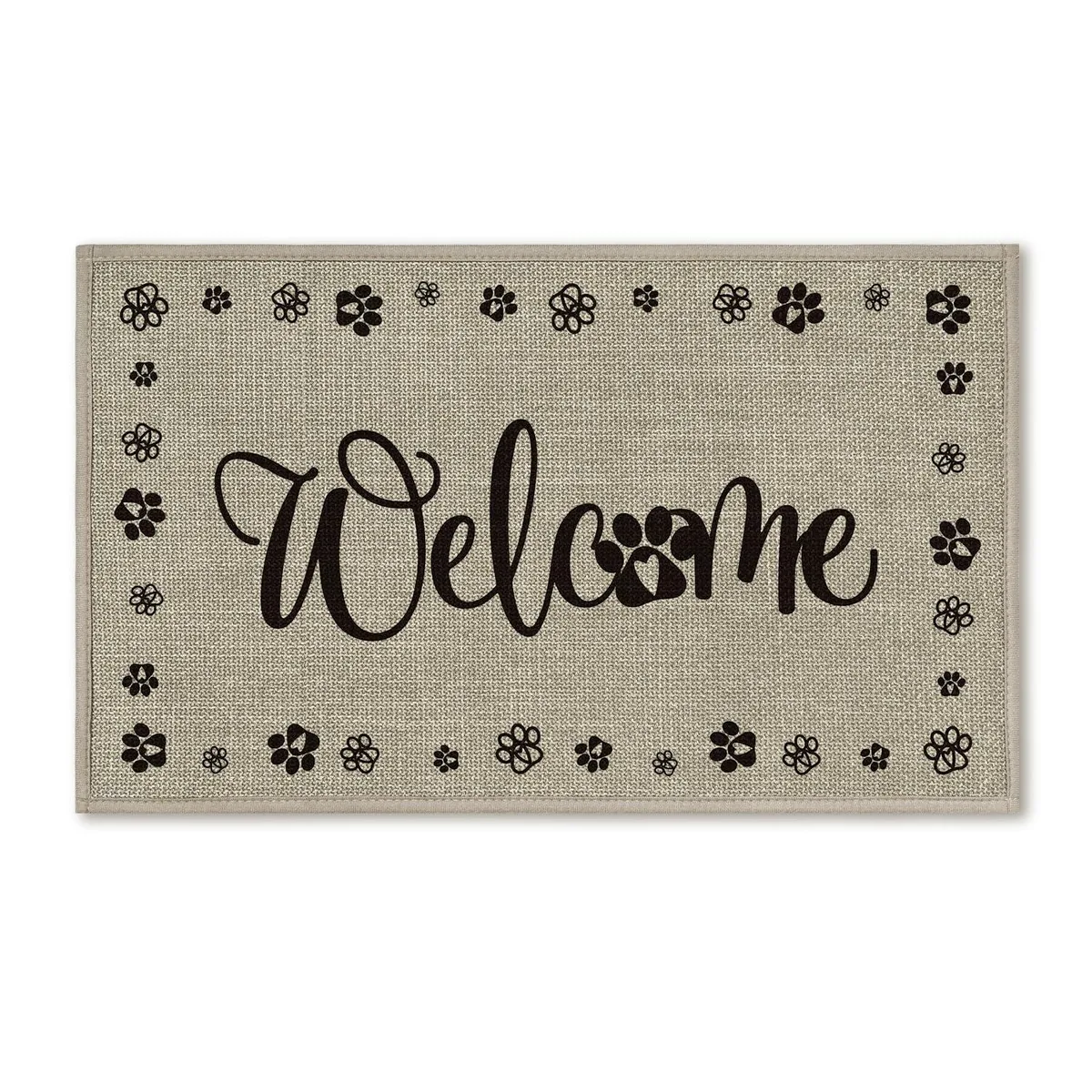 Rectangular oatmeal doormat with letter print, low-profile braided polyester and rubber construction