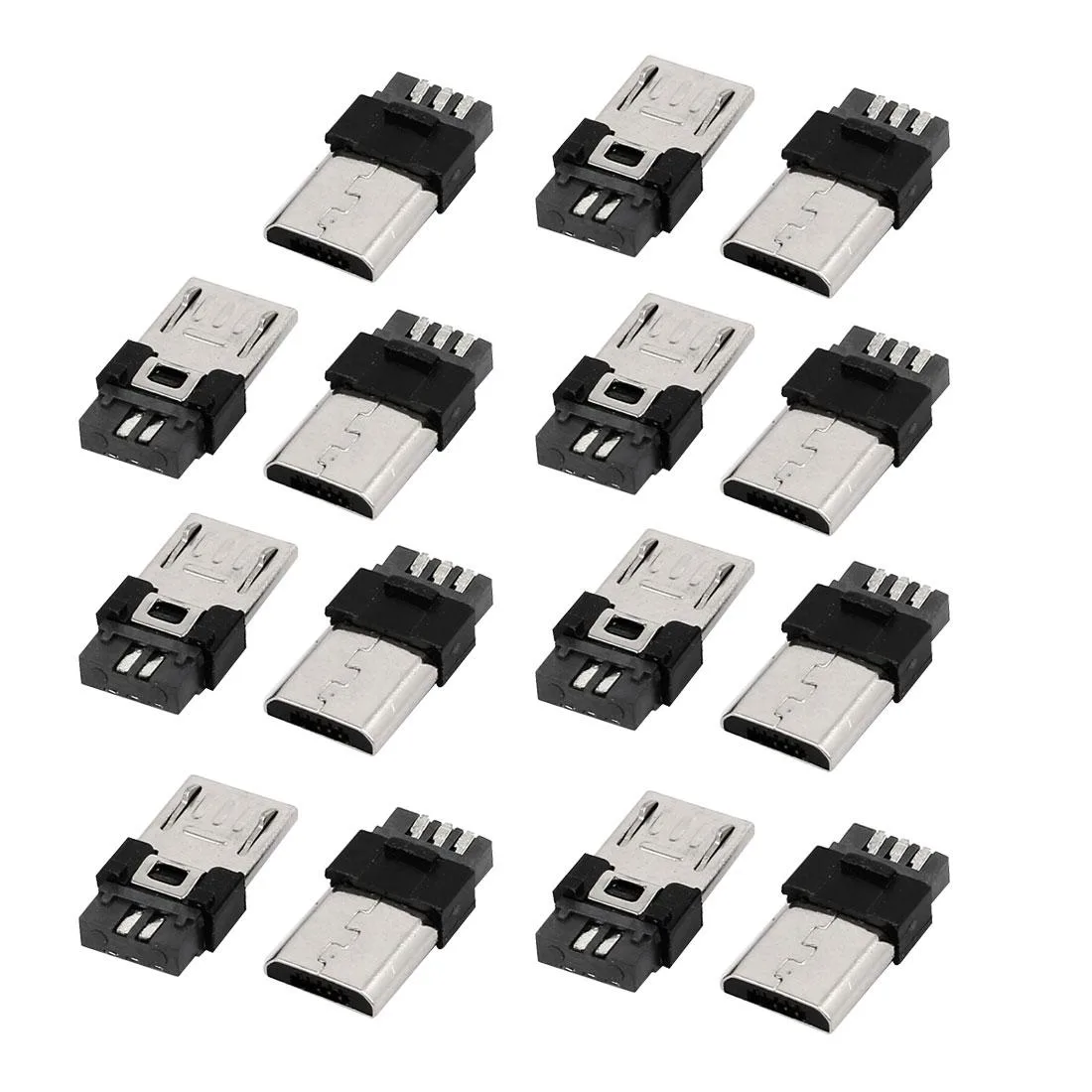 Fifteen silver Micro USB male connectors, rectangular PCB mount form factor