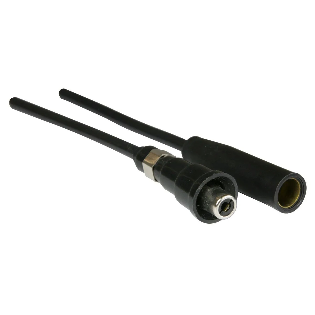 Small black plastic antenna adapter with coaxial connectors at each end, approximately fifteen inches long