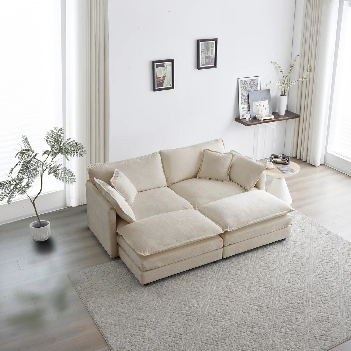 Beige chenille 4-piece sectional with two ottomans