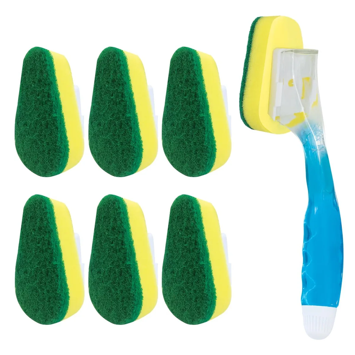 White dish wand with soap dispenser handle and multiple brush heads