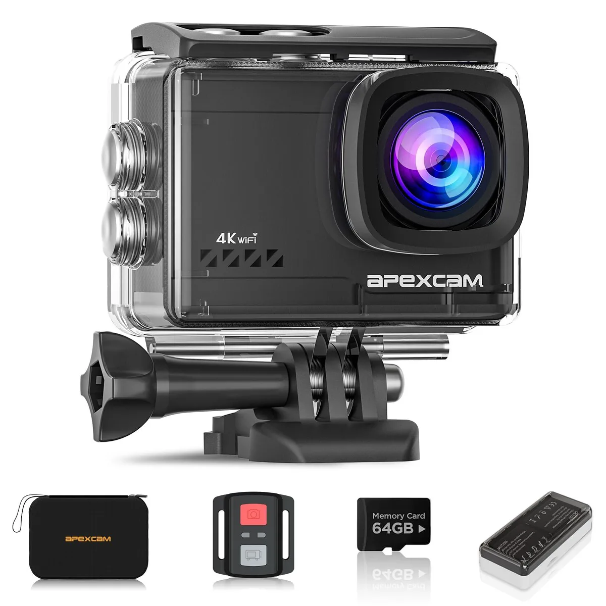 Apexcam M80 AIR 4K 60FPS 64MP WiFi Action Camera 64GB Card 40M Waterproof 2.0in LCD 2.4G Remote 2x1350mAh — product photo