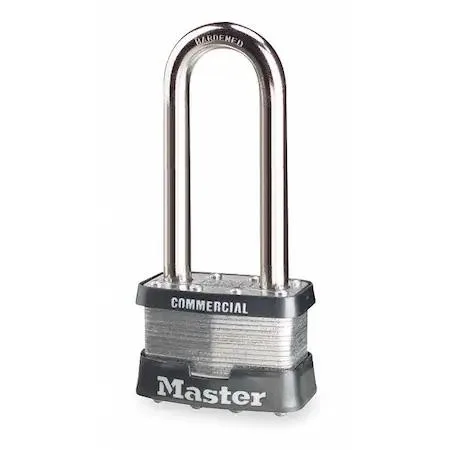 Silver rectangular steel padlock with long boron shackle, two bumpers, keyed different