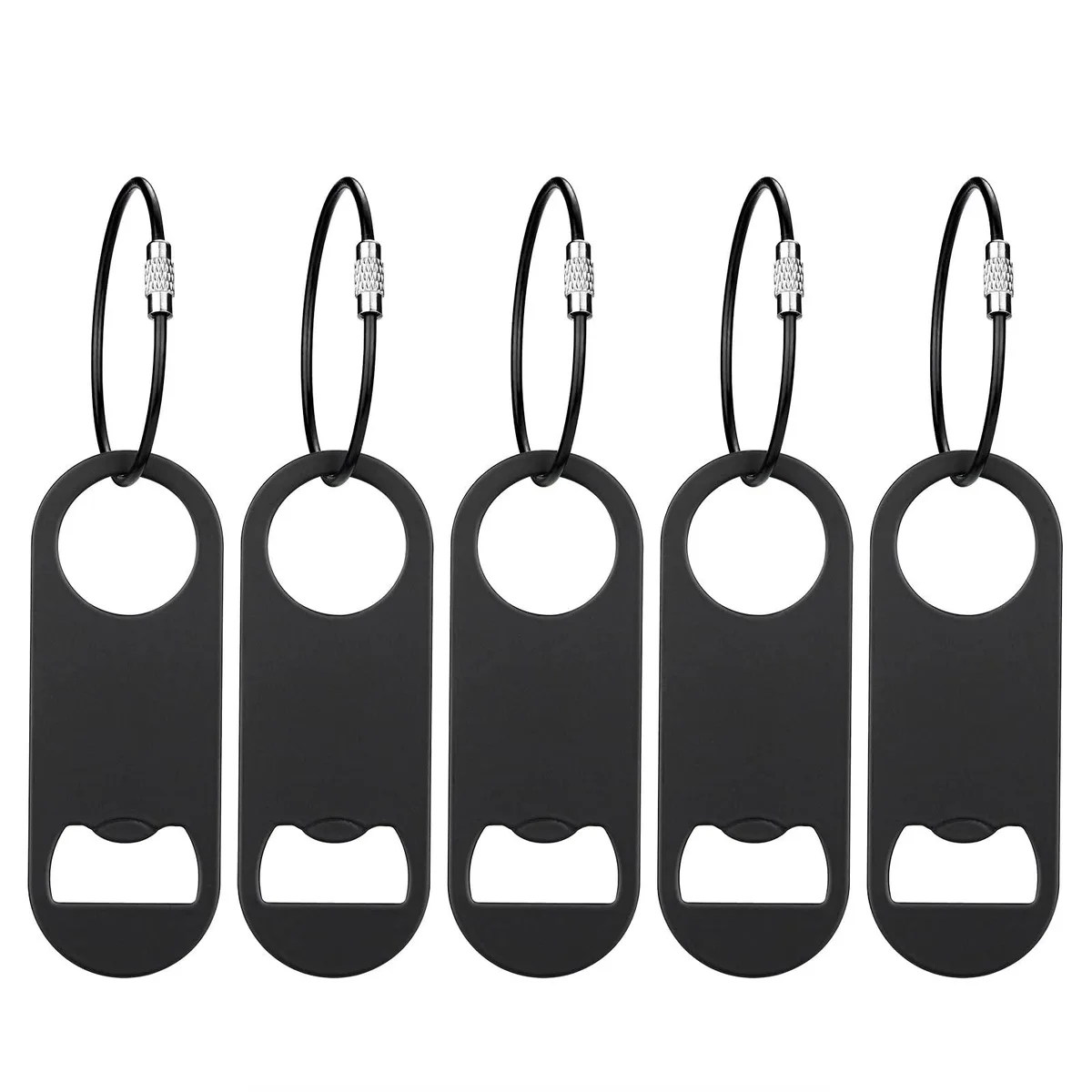 Five flat black stainless steel bottle openers with keychain rings, each 3.5 by 1.25 inches