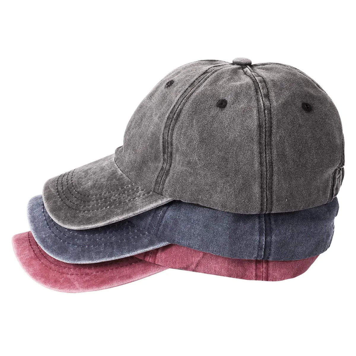 MEINICY 3 Pack Washed Cotton Baseball Caps Black Blue Burgundy — product photo