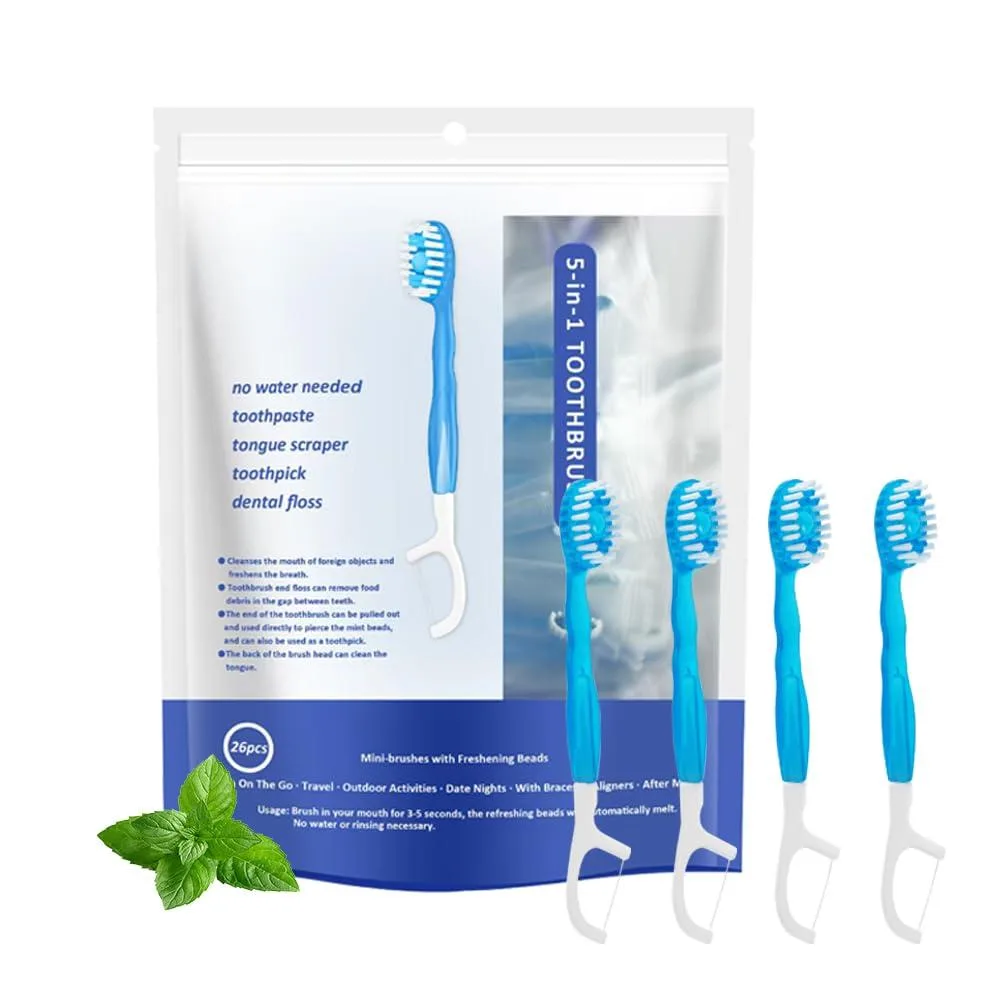 A set of 26 mint travel toothbrushes with floss pick and tongue scraper