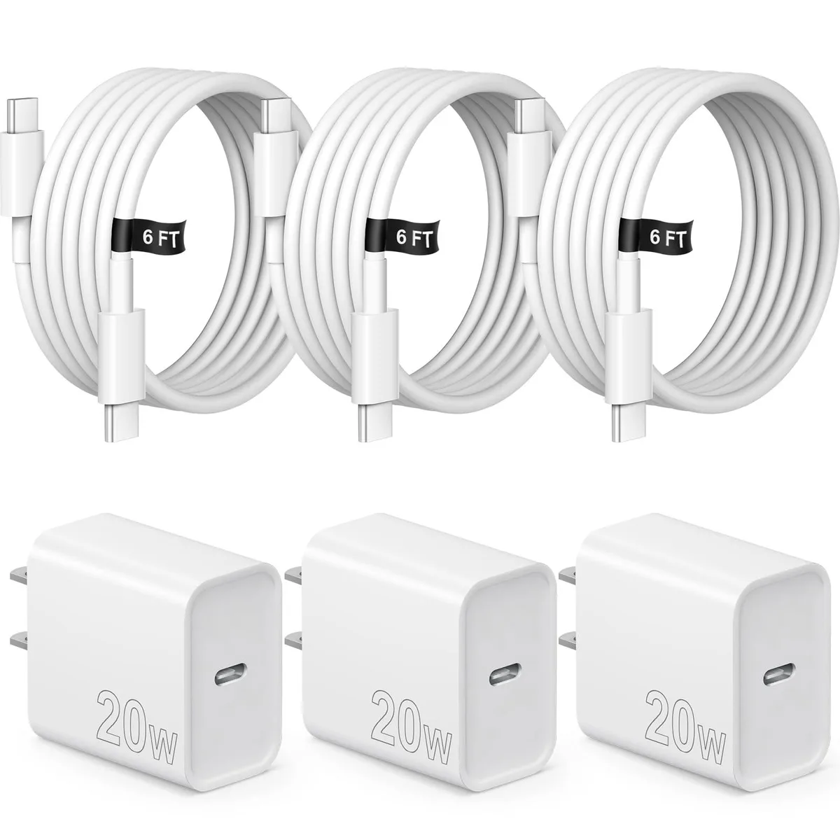 Three white USB-C wall chargers with matching six-foot cables