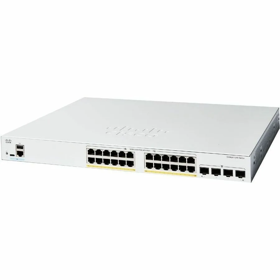 Silver rack-mount network switch with 24 front ports and four SFP slots