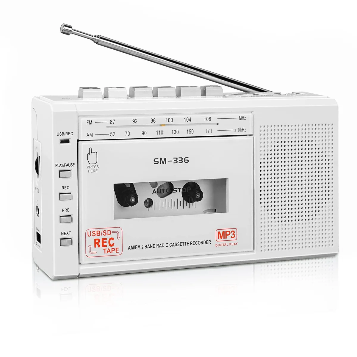  SEMIER Cassette Player Recorder White AM FM Radio USB Micro SD Converter — product photo