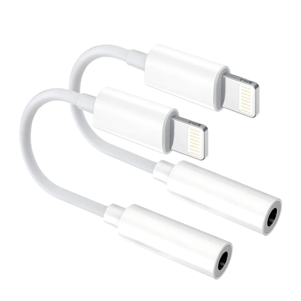 Two white Lightning-to-3.5 mm audio dongles with glossy connectors