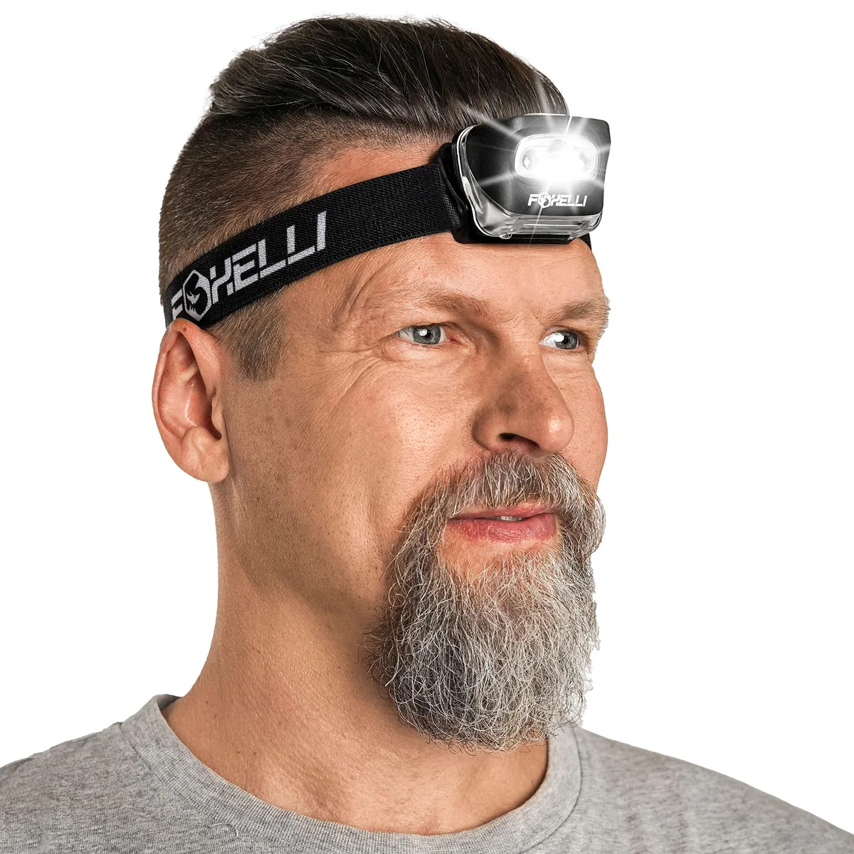 Compact black headlamp with adjustable elastic strap, tilted front lens, single button control