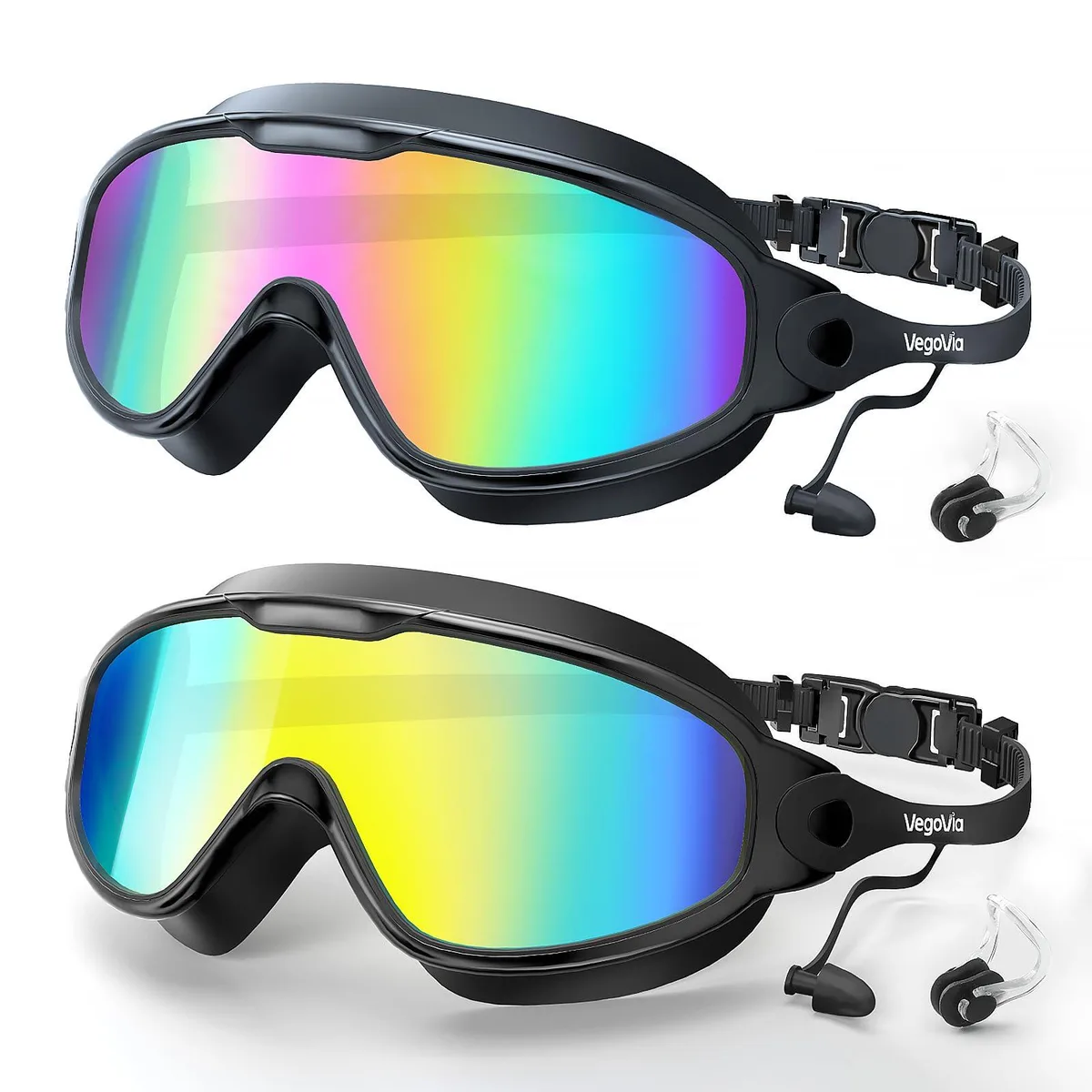 Two pink swimming goggles in a pack, polycarbonate lenses with wide curved frames and adjustable straps