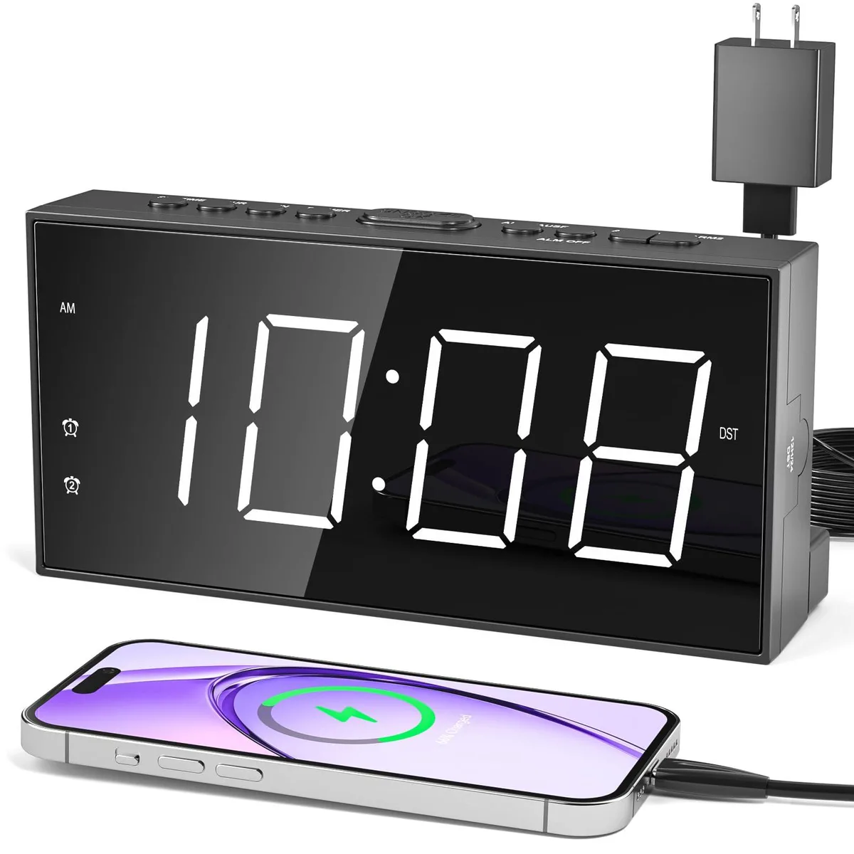 White digital clock with large LED display showing time in white digits