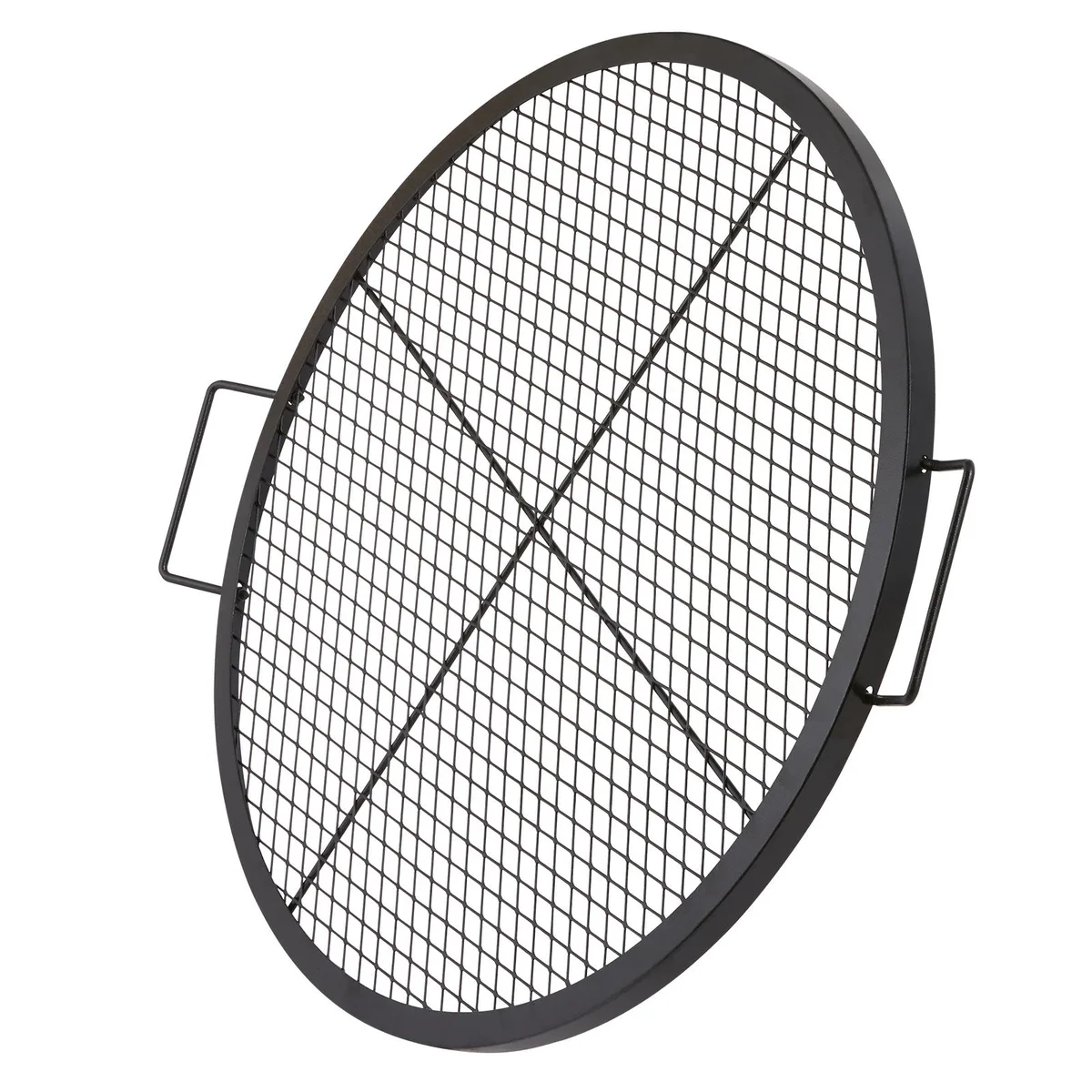 Round black steel fire pit grate with handles and X wire supports, 30 inch diameter